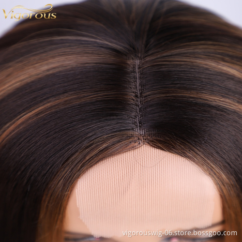 Vigorous High Quality Wig Synthetic Vendor Heat Resistant Full Fibe Wig Highlights brown Long Frontal Lace Straight hair